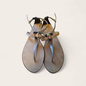 BCBG Black & Gray Mixed Media Flat Sandals - Beige Leather - Excellent